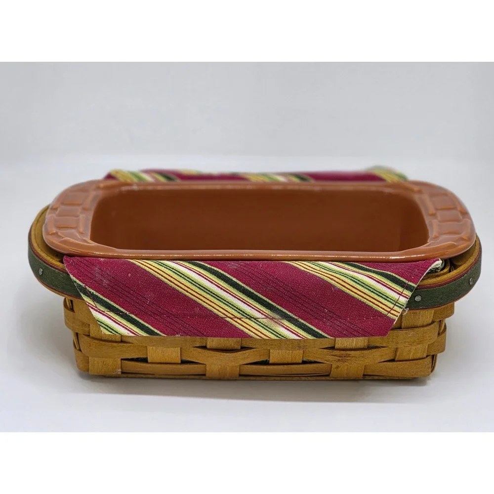Longaberger Holiday Helper Basket Brown Red Striped Liner Pottery Casserole Dish